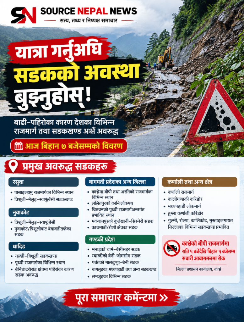 🚨 ठूलो वर्षा रोकिए पनि यात्रा गर्नुअघि सडकको अवस्था बुझ्नुहोस्
